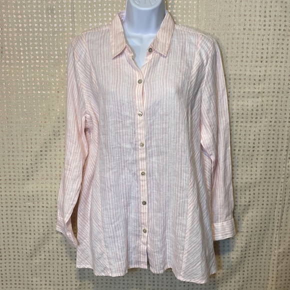 J. Jill Linen Button Up Shirt Pink & White stripes - Picture 1 of 6